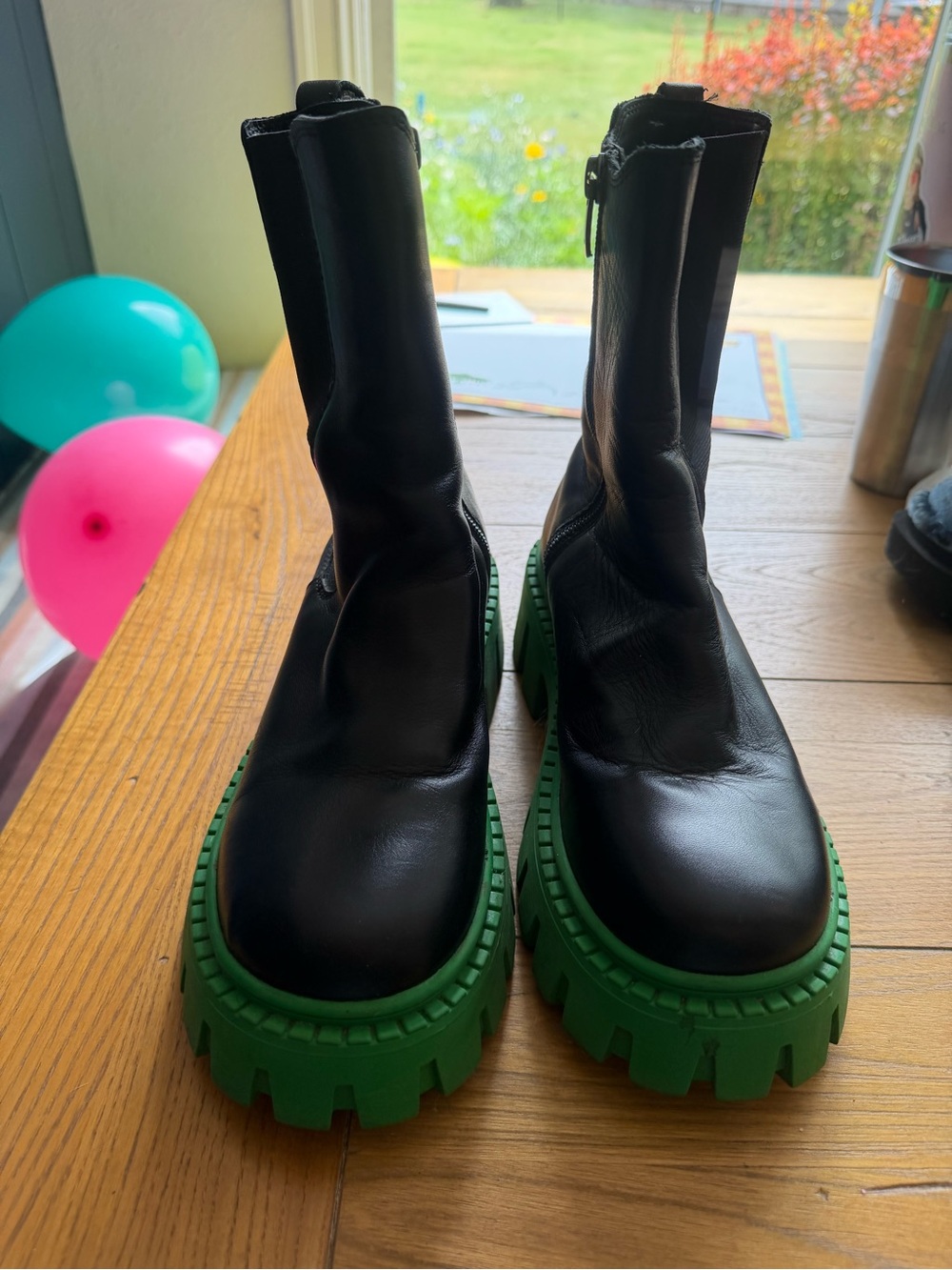 Steve Madden Black Leather Combat Boots with Green Lug Soles